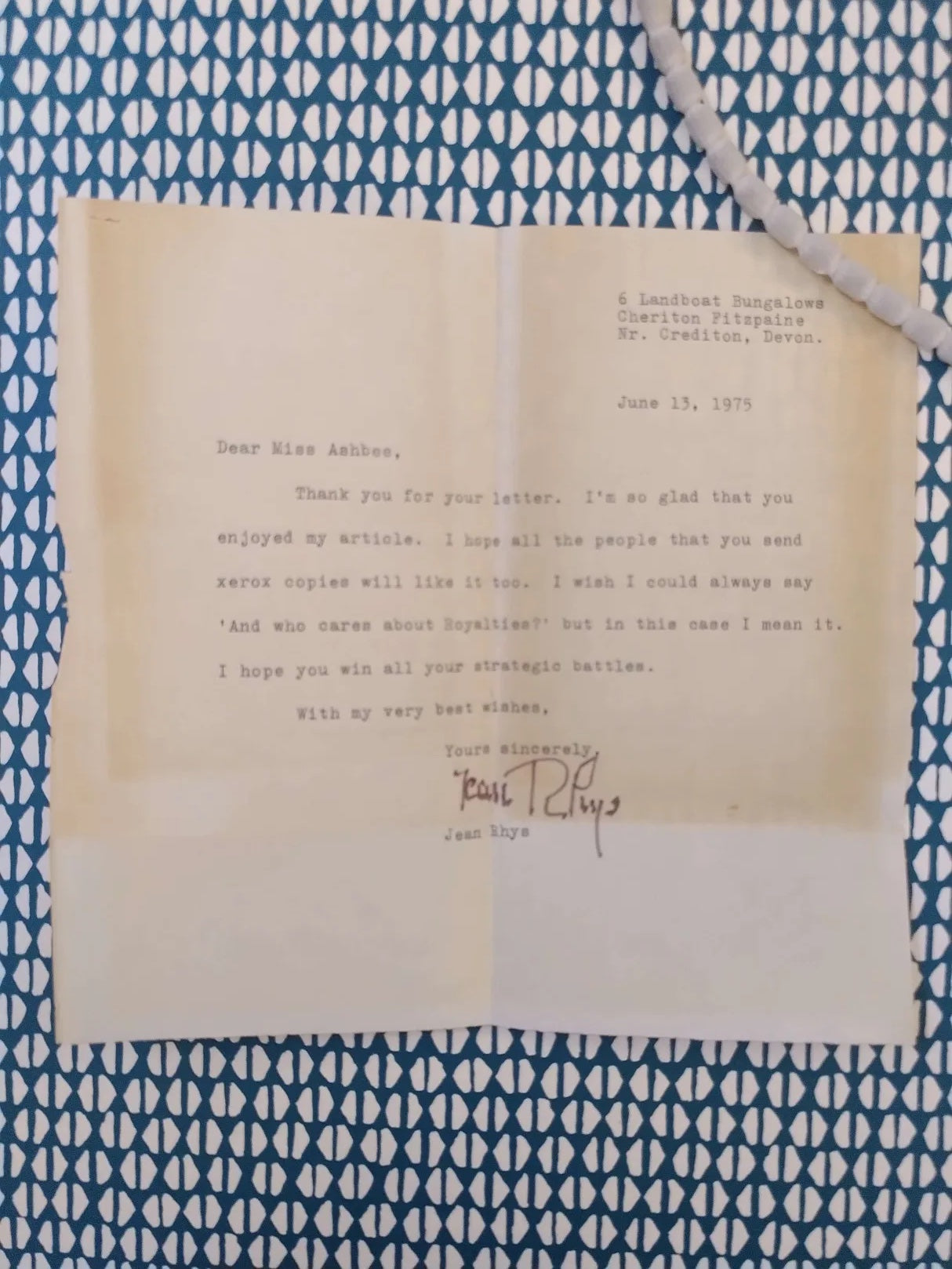 Wide Sargasso Sea, First paperback edition (+) SIGNED LETTER